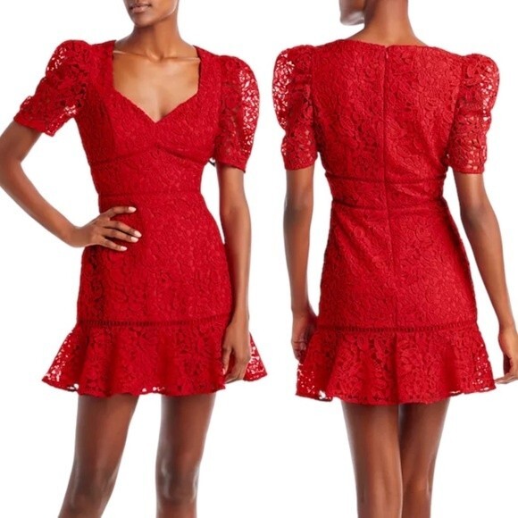 NWT AQUA Red Lace Puff Sleeve Fit & Flare Mini Cocktail Dress Women’s Size Small - Picture 1 of 16